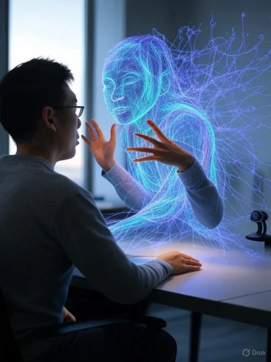 A person interacts with a holographic, digital human figure emitting glowing, neural network-like lines.