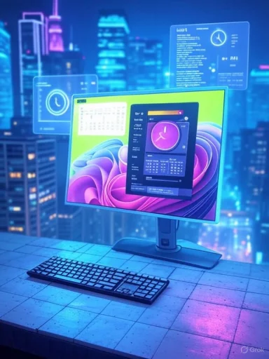 A futuristic workspace with a computer displaying colorful digital data over a city skyline at night.
