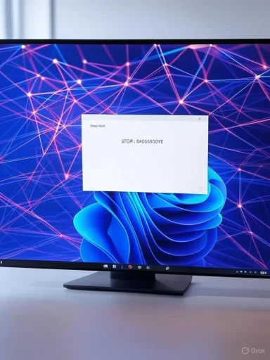 A monitor displays a blue and pink digital network background with a pop-up message reading, 'STOP: SAGOOSSOYE.' A monitor displays a blue and pink digital network background with a pop-up message reading, 'STOP: SAGOOSSOYE.'