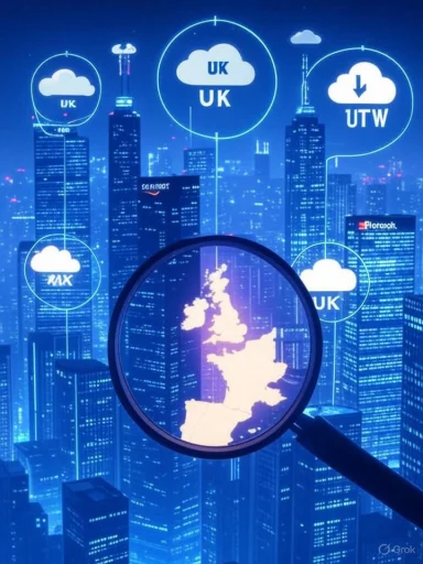 A digital cityscape with cloud icons and labels highlighting the UK, viewed through a magnifying glass over a map of the UK. A digital cityscape with cloud icons and labels highlighting the UK, viewed through a magnifying glass over a map of the UK.