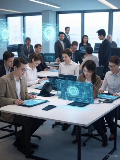 Team of professionals working on futuristic technology displays in a modern, high-tech office environment.