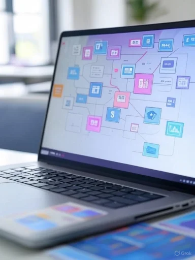 A laptop displaying a colorful, interconnected flowchart or mind map on a bright, modern workspace.