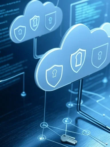 Cloud security with shield icons and a key, symbolizing protected data and cybersecurity measures.