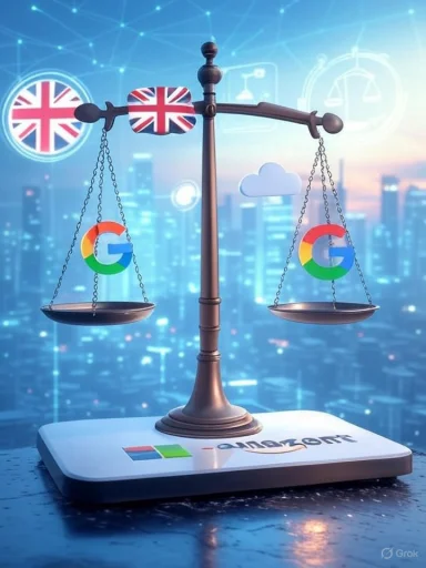 A balance scale with logos, weighing Google against Amazon, against a cityscape background with digital icons.