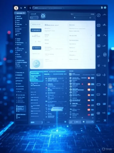 A futuristic digital interface displays complex data and controls on a glowing, holographic screen.
