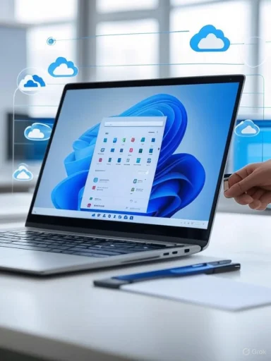 A laptop displays a Windows interface with floating cloud icons symbolizing cloud computing.