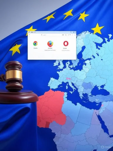A European map with a European Union flag background, featuring a gavel and a browser window showing popular web browser icons.