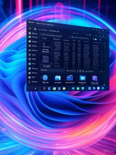 A computer screen displays file management and system folders against a vibrant, swirling blue and pink digital background. A computer screen displays file management and system folders against a vibrant, swirling blue and pink digital background.