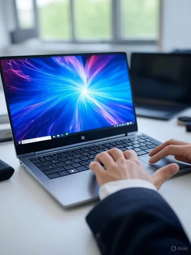 A person working on a laptop with a vibrant, colorful display, seated at a desk near a window. A person working on a laptop with a vibrant, colorful display, seated at a desk near a window.