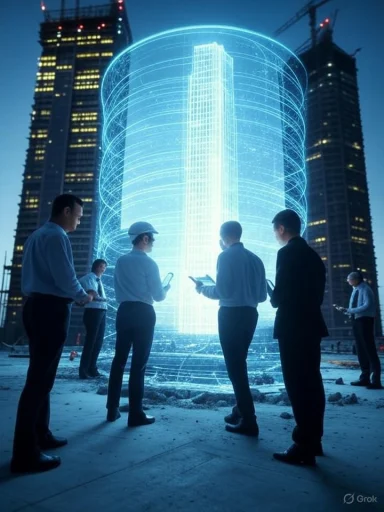Business professionals observe a digital hologram of a skyscraper at a construction site.