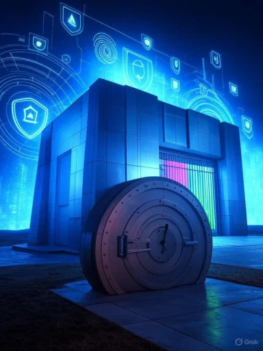 A digital vault with a giant lock, surrounded by holographic security icons on a high-tech building.