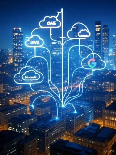 A city skyline at night with illuminated cloud icons representing cloud service providers like AWS, Google, and others.