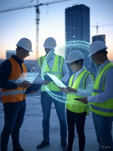 Construction professionals review plans at a site with high-rise buildings and cranes during sunset.
