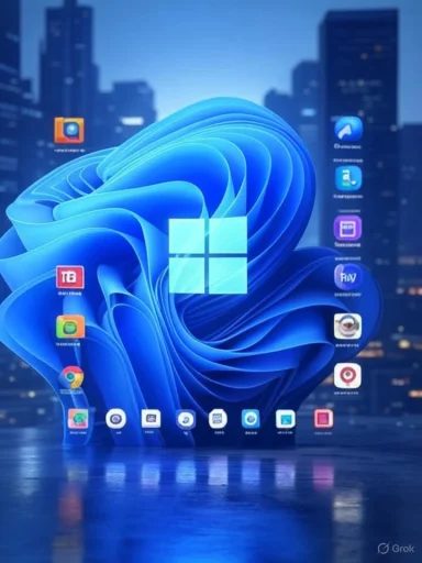 A futuristic cityscape with a prominent digital interface featuring various app icons and a central Windows logo.