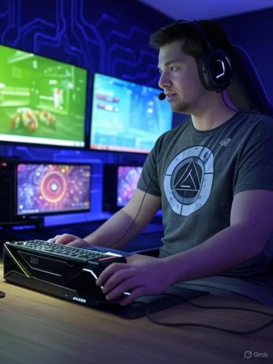 Young man gaming with multiple monitors in a colorful, high-tech setup.