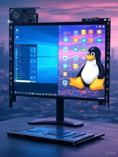 A computer monitor displays a Windows interface with a Linux Tux penguin on a cityscape background at sunset. A computer monitor displays a Windows interface with a Linux Tux penguin on a cityscape background at sunset.