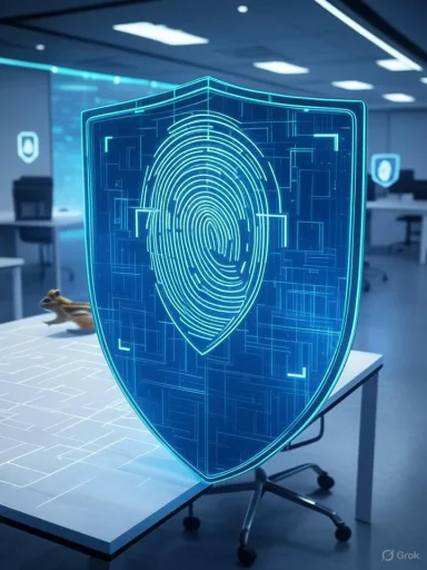 A digital shield with a fingerprint icon, symbolizing cybersecurity, is projected over a modern office workspace.