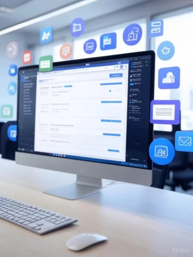 A desktop computer displays a project management interface with floating app icons representing various digital tools.