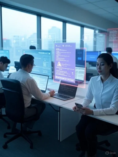 Cybersecurity professionals monitor multiple digital threat alerts in a high-tech office environment.