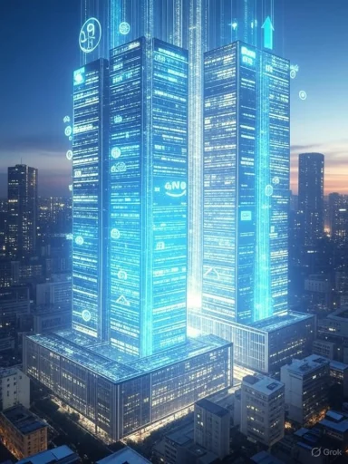 Futuristic digital depiction of a glowing skyscraper with holographic data projections over a city skyline.