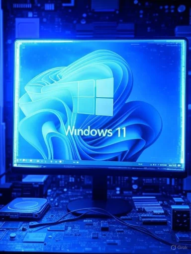 A computer monitor displays the Windows 11 logo against a futuristic, blue-toned digital background.