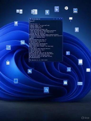 A computer screen displays a blue background with various floating application icons and an open, blurry text window in the center.