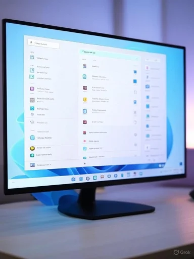 A computer monitor displays a settings menu with various options, placed on a desk against a softly lit background.