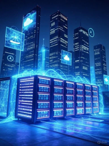 Futuristic digital cityscape featuring glowing data centers and skyscrapers with cloud and cloud computing icons.