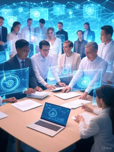 A diverse group of professionals in a high-tech meeting with holographic digital interfaces and data projections.