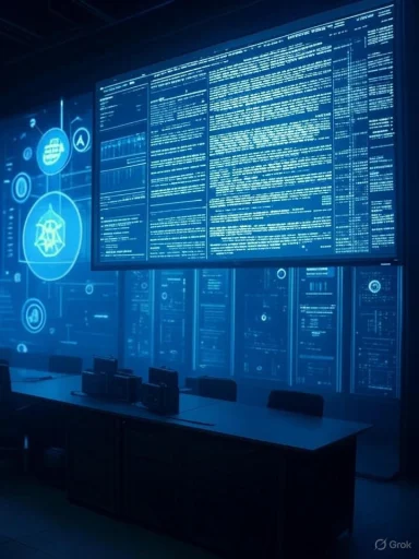 A high-tech security operations room showing multiple large digital screens with data analytics and threat icons.