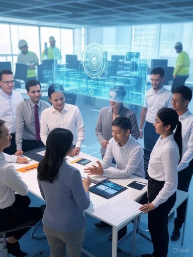 Team of professionals engaged in a high-tech discussion in a modern office with holographic digital displays.