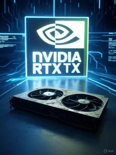 A graphics card with the NVIDIA logo and 'RTX TX' branding in a futuristic digital environment.