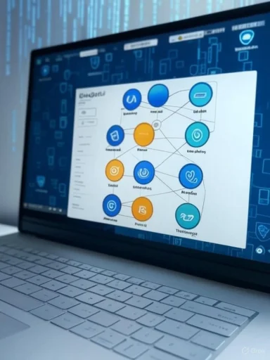 A laptop screen displays a network diagram or flowchart with interconnected icons and labels in a digital or cybersecurity context.