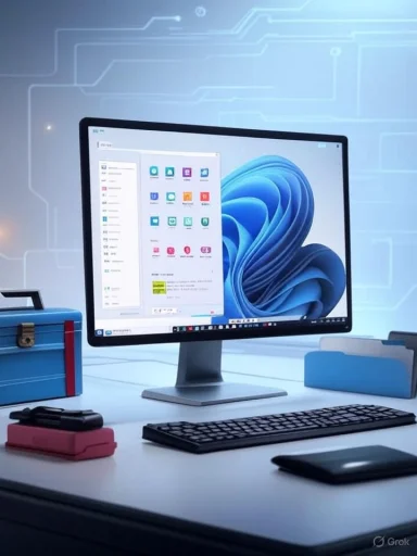 A modern computer workstation with a monitor, keyboard, mouse, and various office supplies on a sleek desk.