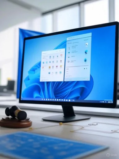 A computer monitor displays a Windows desktop with multiple open apps in an office setting.