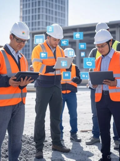 Construction engineers review digital plans and data on tablets at a building site.