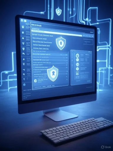 A computer monitor displaying cybersecurity software with shield icons, set against a digital blue circuit background.
