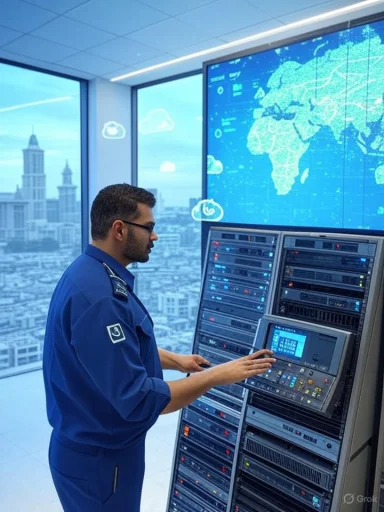 A technician monitors data on servers in a high-tech control room with cityscape view and digital world map display.