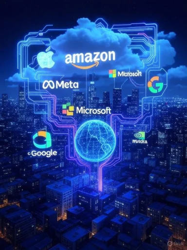 A digital cityscape with illuminated tech company logos connected by neon lines, symbolizing a connected technological world.