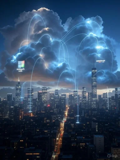 Futuristic city skyline with cloud-shaped digital streaming or data connections above tall buildings at dusk.