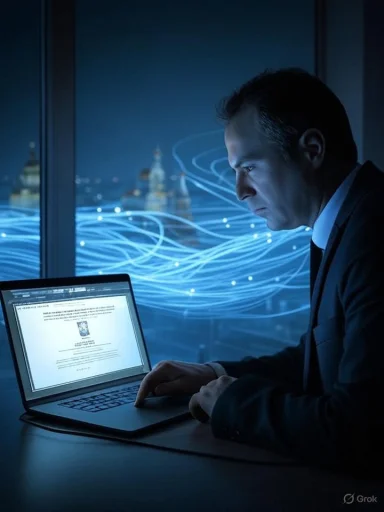 A businessman works on a laptop in a dark office with futuristic blue digital lines outside the window.