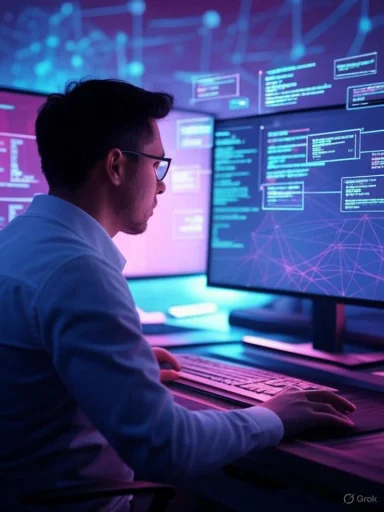 A programmer analyzes complex code on dual monitors in a high-tech, neon-lit environment.