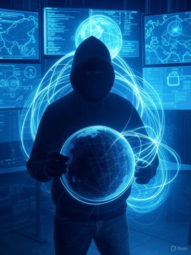 A shadowed figure in a hoodie holding a glowing digital globe amid futuristic data displays and holographic lines.