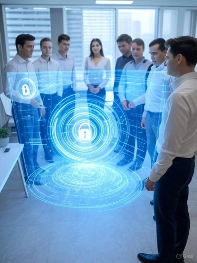 A team of professionals in a modern office explores a holographic digital security interface.