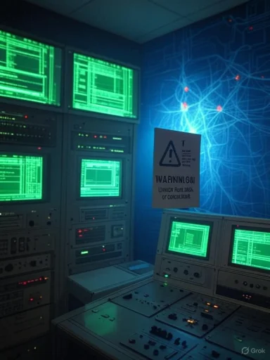 A high-tech control room filled with vintage computer consoles displaying green screens and a warning sign on the wall.