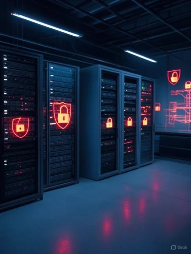 Data servers with security symbols displayed on screens in a dimly lit data center.