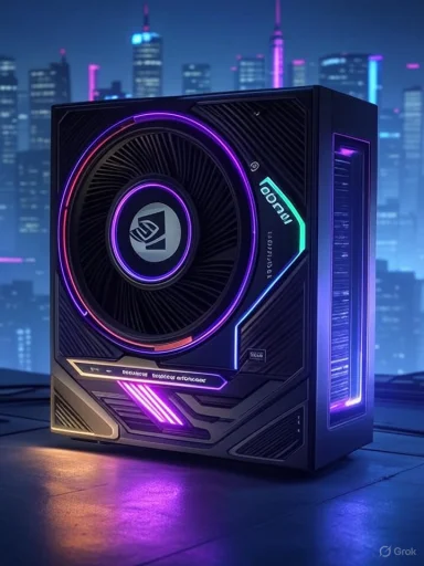 A futuristic gaming PC with vibrant neon lighting, set against a city skyline at night. A futuristic gaming PC with vibrant neon lighting, set against a city skyline at night.