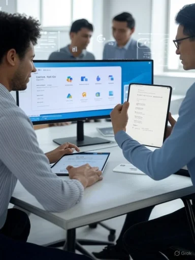 Two professionals collaborate using digital devices in a modern office.