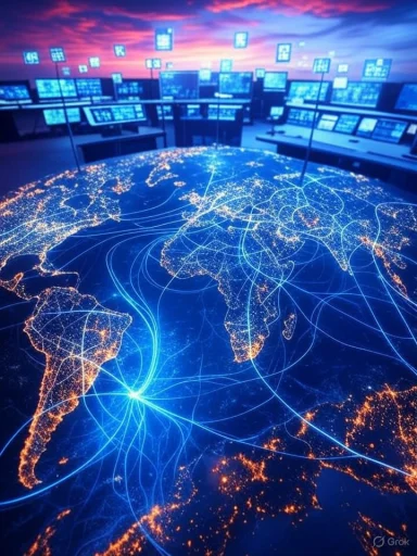A digital world map showing global network connections illuminated by bright lines and lights at a high-tech operations center.