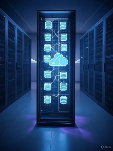 A data server with interconnected cloud and database icons representing cloud-based data storage and processing.